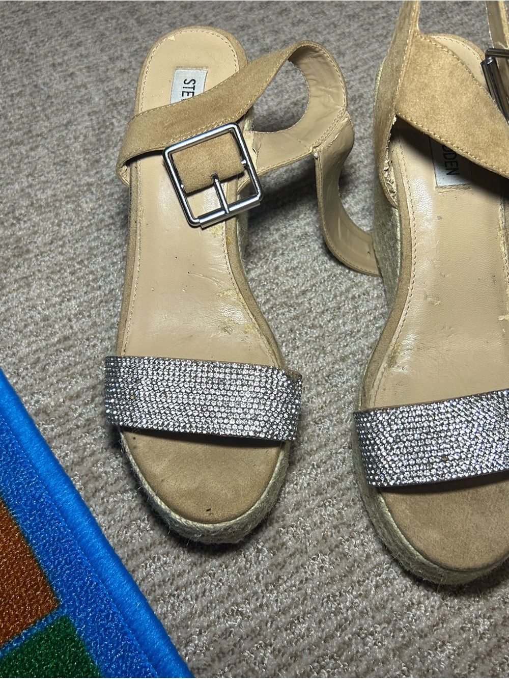 Steve Madden Tan Wedge Sandals with Silver Rhinestone Strap